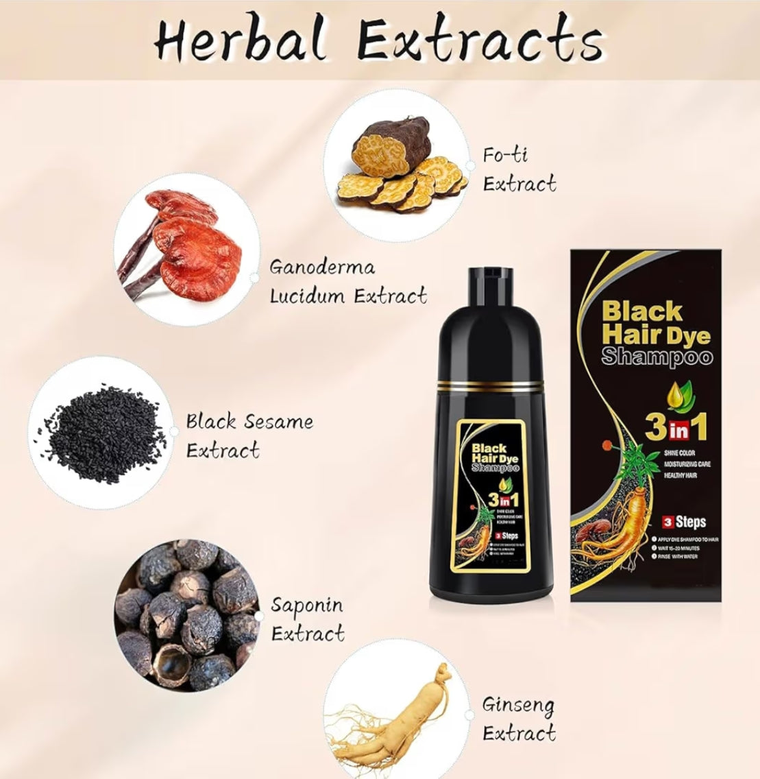 Unisex Instant Black Herbal Hair Dye Shampoo (3-in-1 Formula)