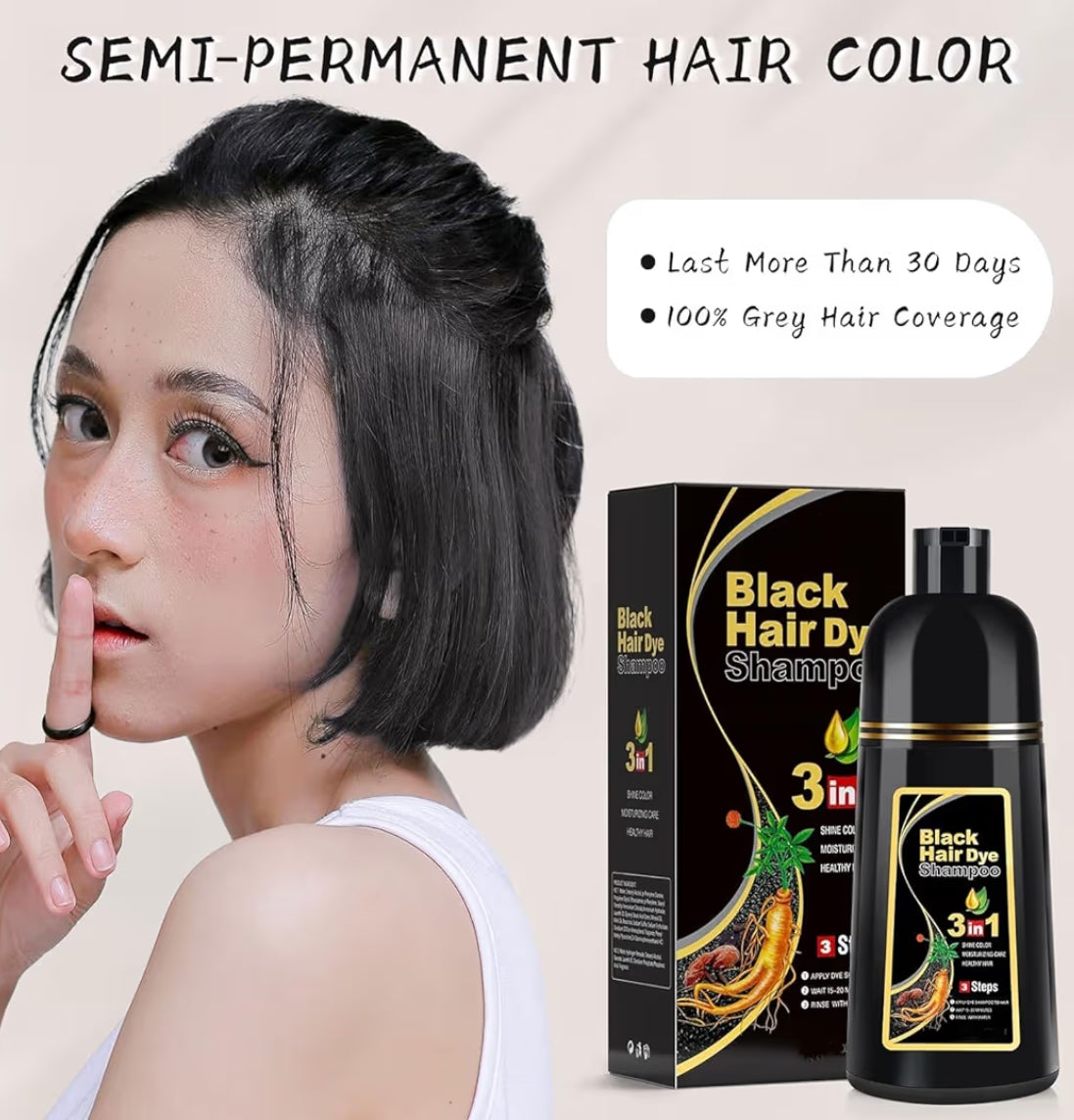 Unisex Instant Black Herbal Hair Dye Shampoo (3-in-1 Formula)