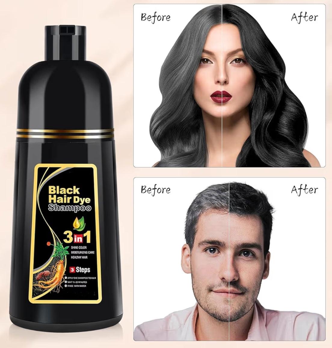Unisex Instant Black Herbal Hair Dye Shampoo (3-in-1 Formula)